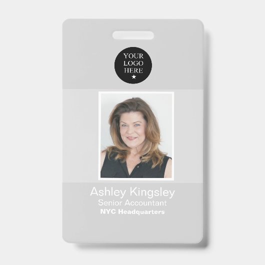 Grijze personeelsfotobadge Bedrijfsbarcode Badge (Voorzijde)