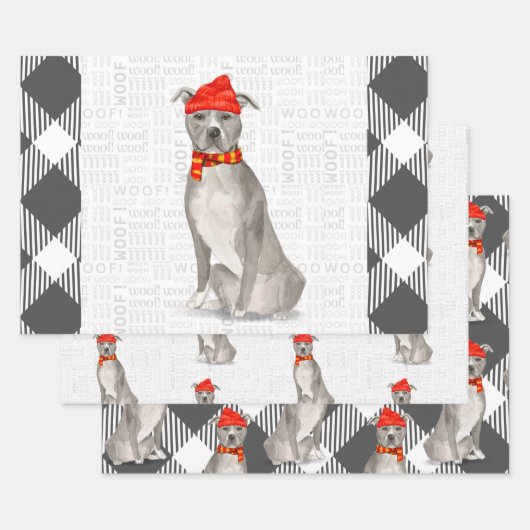 Grijze Pitbull Staffordishire Kersthond Plaid Inpakpapier Vel (Set)