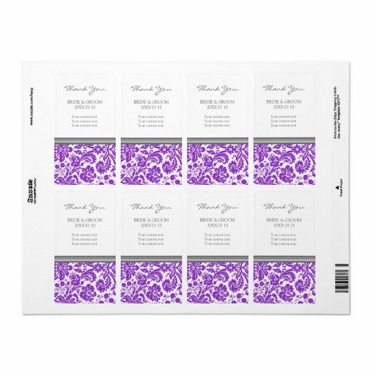 Grijze Plum Damask Patroon Bruiloft Labels (Full Sheet)