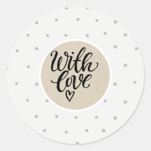 Grijze polka stippen witte rustieke kraft met lief ronde sticker