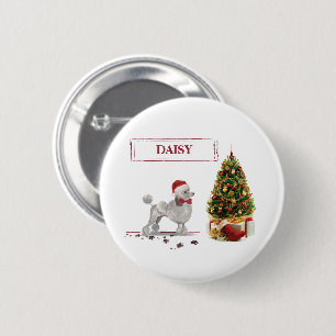 Grijze Poodle Grappige Kersthond met Boom Ronde Button 5,7 Cm