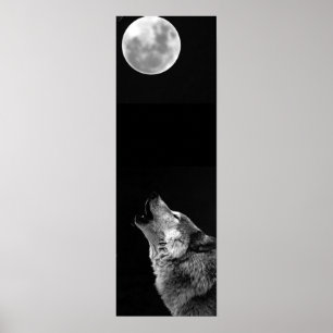 Grijze Poster met Wolf en Moon Panorama