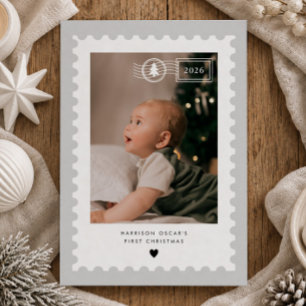 Grijze Postzegel Baby's 1e Kerstmis Foto Feestdagenkaart