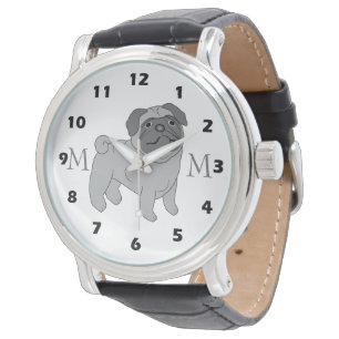 Grijze Pug Dog Design Monogrammed Horloge