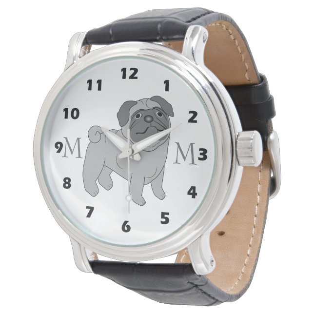 Grijze Pug Dog Design Monogrammed Horloge (Gekanteld)