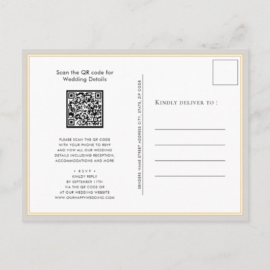 Grijze QR-code in één modern minimalistisch huweli Uitnodiging Briefkaart (Achterkant)