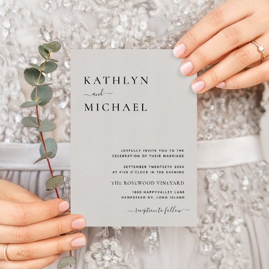 Grijze QR-code in één modern minimalistisch huweli Uitnodiging Briefkaart