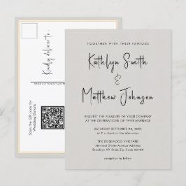 Grijze QR-code in één modern script, chic Wedding Uitnodiging Briefkaart