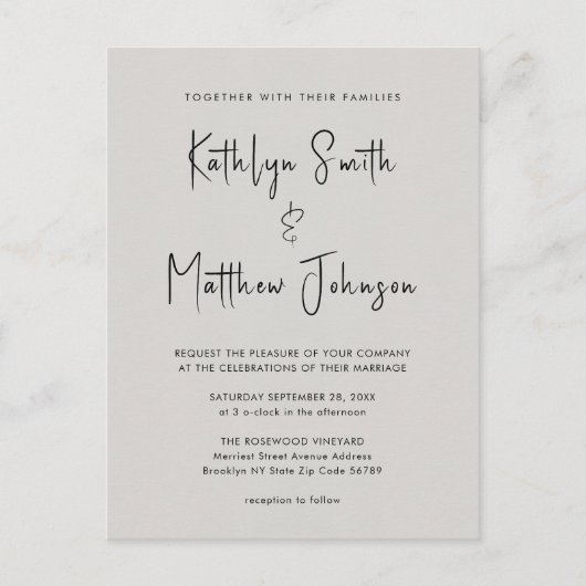 Grijze QR-code in één modern script, chic Wedding Uitnodiging Briefkaart (Voorkant)