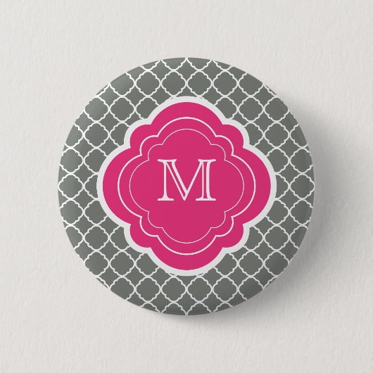 Grijze Quatrefoil met roze Monogram Ronde Button 5,7 Cm (Voorkant)