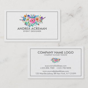 Grijze rand Kleurrijke Waterverf Flowers Visitekaartje