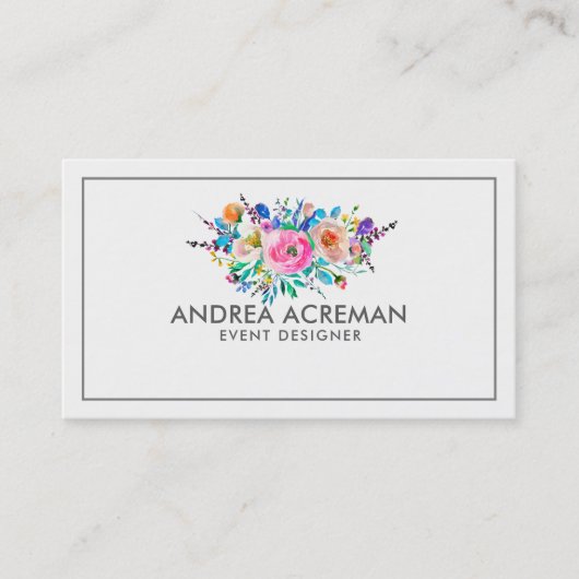 Grijze rand Kleurrijke Waterverf Flowers Visitekaartje (Voorkant)