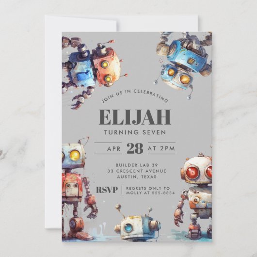 Grijze Robots Tech Gear Builder Verjaardagsfeest Kaart (Voorkant)