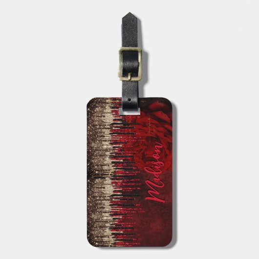 Grijze rode bloemgouddruppels Glittermonogram Bagagelabel (Voorkant verticaal)