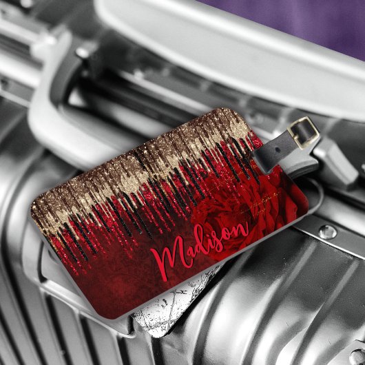 Grijze rode bloemgouddruppels Glittermonogram Bagagelabel