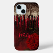 Grijze rode bloemgouddruppels Glittermonogram Case-Mate iPhone Case (Achterkant)