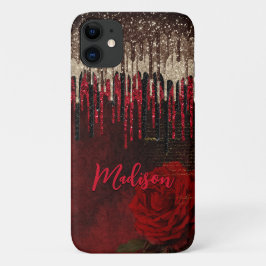 Grijze rode bloemgouddruppels Glittermonogram Case-Mate iPhone Case