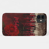 Grijze rode bloemgouddruppels Glittermonogram Case-Mate iPhone Case (Achterkant (horizontaal))