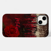 Grijze rode bloemgouddruppels Glittermonogram Case-Mate iPhone Case (Achterkant (horizontaal))