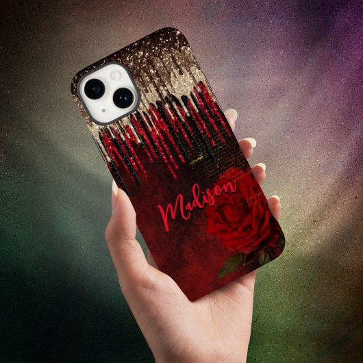 Grijze rode bloemgouddruppels Glittermonogram Case-Mate iPhone Case