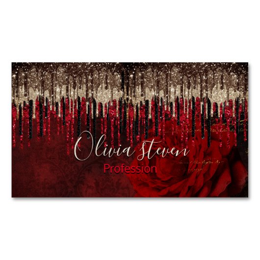 Grijze rode bloemgouddruppels Glittermonogram Magnetisch Visitekaartje (Voorkant)