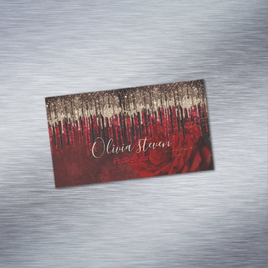 Grijze rode bloemgouddruppels Glittermonogram Magnetisch Visitekaartje (Voorbeeld)