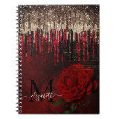 Grijze rode bloemgouddruppels Glittermonogram Notitieboek (Voorkant)