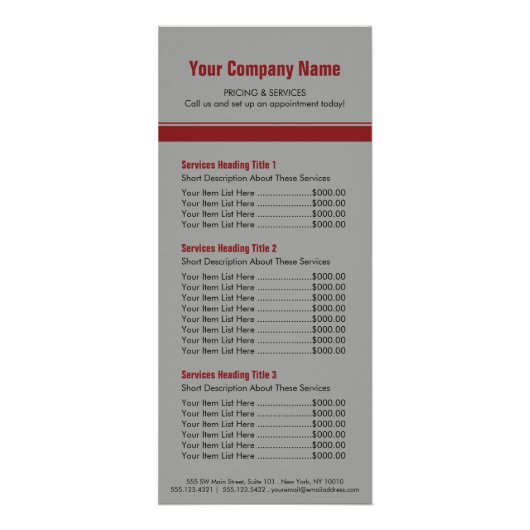 Grijze rode eenvoudige rand prijslijst 3 reclamekaart (Voorkant)