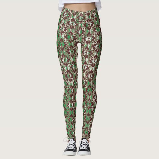 Grijze, rode en groene bloemen leggings (Voorkant)