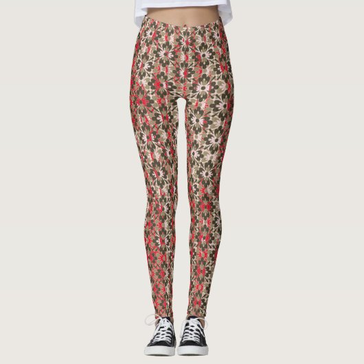 Grijze, rode en zwarte bloemen met patronen leggings (Voorkant)