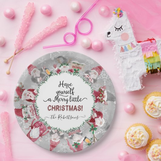 Grijze rode kabouters Vrolijke kleine kerst sneeuw Papieren Bordje (Feest)