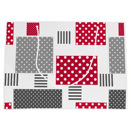 Grijze rode stippen patchwork op witte achtergrond groot cadeauzakje (Voorkant)