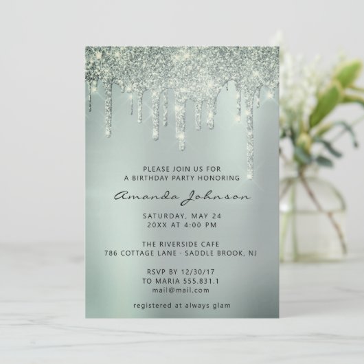 Grijze rokermint Glitter Effect Drip Birthday Kaart (Staand voorkant)