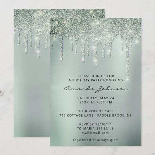 Grijze rokermint Glitter Effect Drip Birthday Kaart (Voorkant / Achterkant)