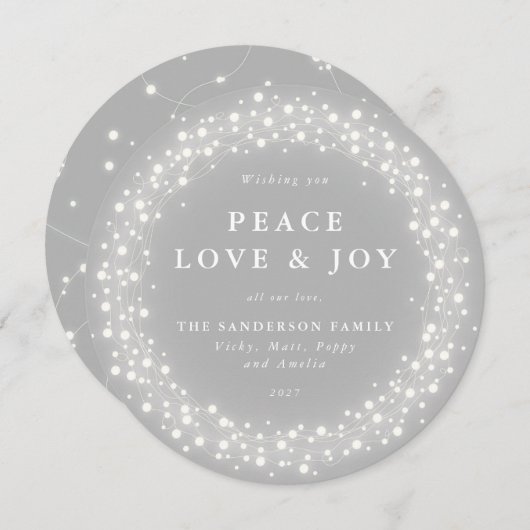 Grijze Ronde Zachte Lichten Vredesliefde + Joy Feestdagenkaart (Voorkant / Achterkant)