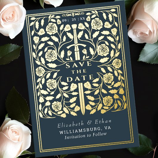 Grijze Royal Medieval Sword Wedding Save the Date Folie Uitnodiging