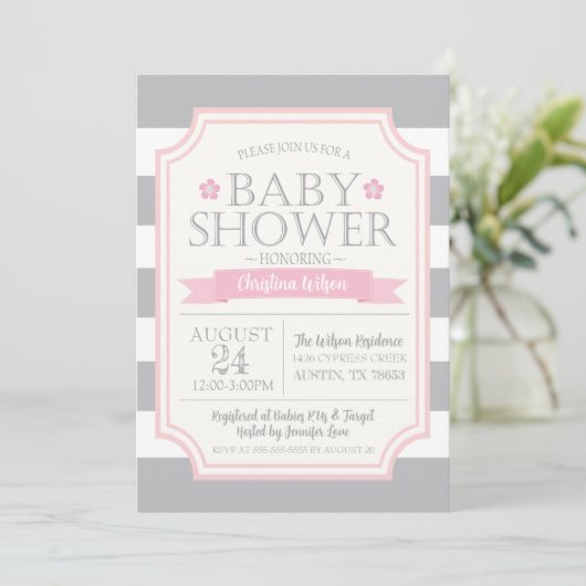 Grijze & Roze Babyshower Uitnodiging (Staand voorkant)