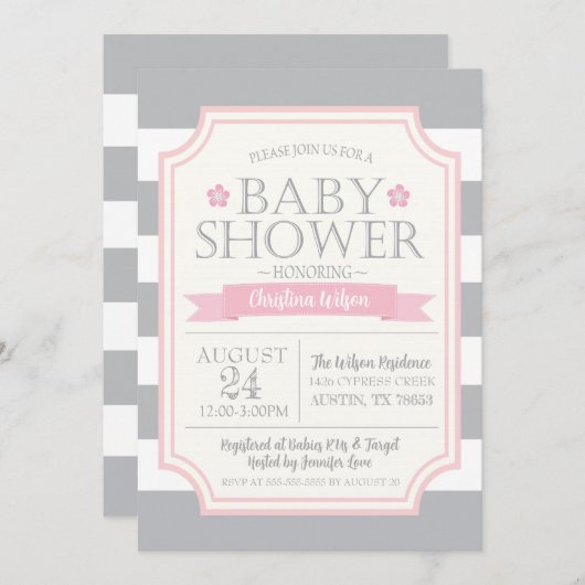 Grijze & Roze Babyshower Uitnodiging (Voorkant / Achterkant)