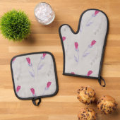 Grijze roze bloemen ovenwant & pannenlap set (Top down)