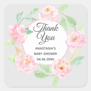Grijze & Roze Bloemenkrans Bedankt Baby Shower Vierkante Sticker