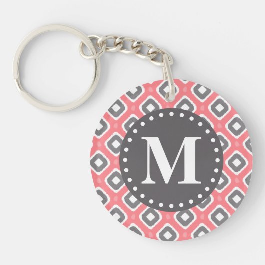 Grijze roze Ikat Mod Patroon met Monogram Sleutelhanger (Voorkant)