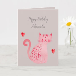 Grijze Roze Kat Harten Verjaardag Kaart