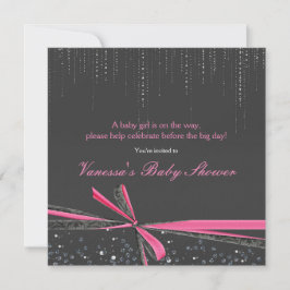 Grijze & Roze Strik Rhinestone Baby Shower Uitnodi Kaart