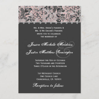 Grijze roze zwarte Vintage Damask Wedding Sjabloon Kaart