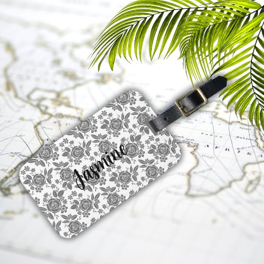 Grijze Rozen Bloempatroon met Custom Monogram Bagagelabel