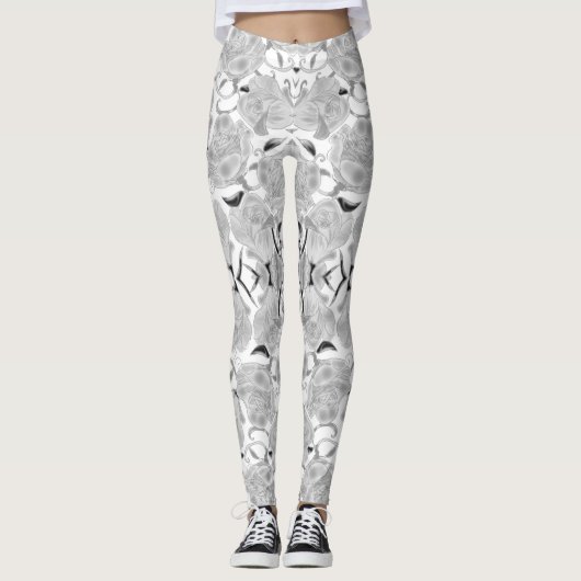 Grijze Rozen Op Witte Leggings (Voorkant)