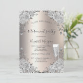 Grijze Rozen Prosecco Parels Ivoor Pensioen Kaart (Staand voorkant)