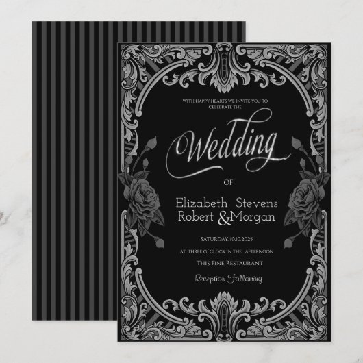 Grijze Rozen, Strepen Gotische bruiloft Kaart (Voorkant / Achterkant)