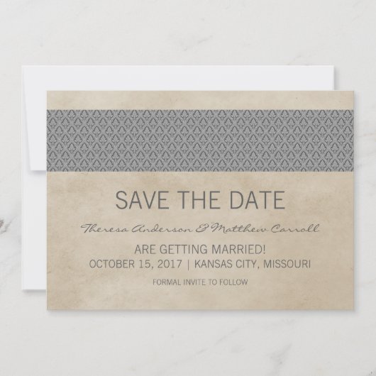 Grijze Rustieke Damast Save the Date Uitnodiging (Voorkant)