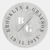 Grijze rustieke houtnerf textuur Winter bruiloft g Ronde Sticker (Voorkant)